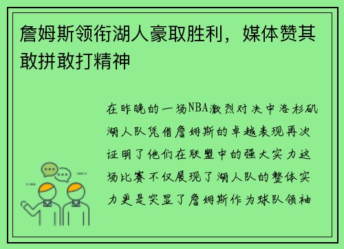 詹姆斯领衔湖人豪取胜利，媒体赞其敢拼敢打精神